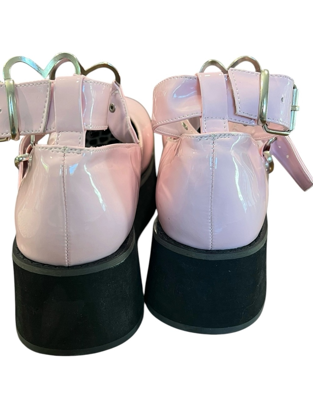Demonia Pink Patent Platform Mary Janes Size 12 Heart Strap Goth Alt Chunky Shoe - Picture 7 of 10